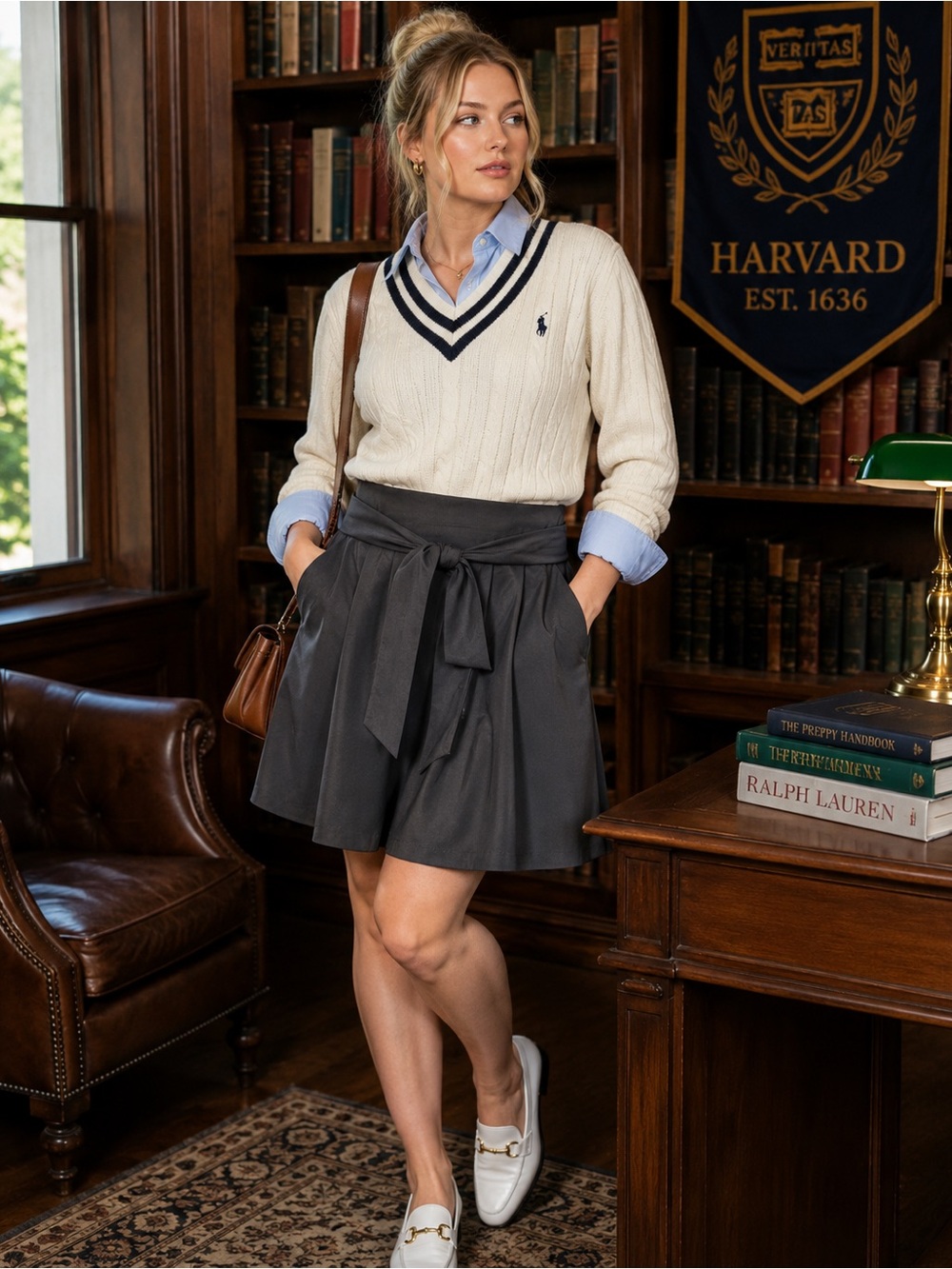 Belle Pogue Tie Front With Stretch Waist Zip Closure Academia Preppy Skirt